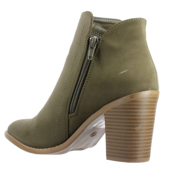 Stacked Chunky Heel Booties Olive Green Nubuck Ankle Boots | Earthy. Elevated. - Picture 2 of 5